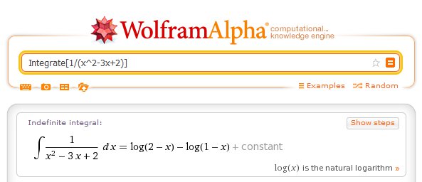 Całka wymierna z 1/(x^2-3x+2) w Wolframie